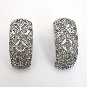 Vintage Silver Tone Pave Rhinestone Curved Geometric Post Statement Earrings